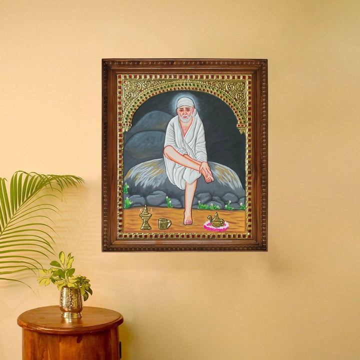 10*12 TANJORE PAINTING Sai Baba of Shirdi Authentic With 22 Ct Gold Foil and Jaipur Gemstones,Unframed | SHOBITAM