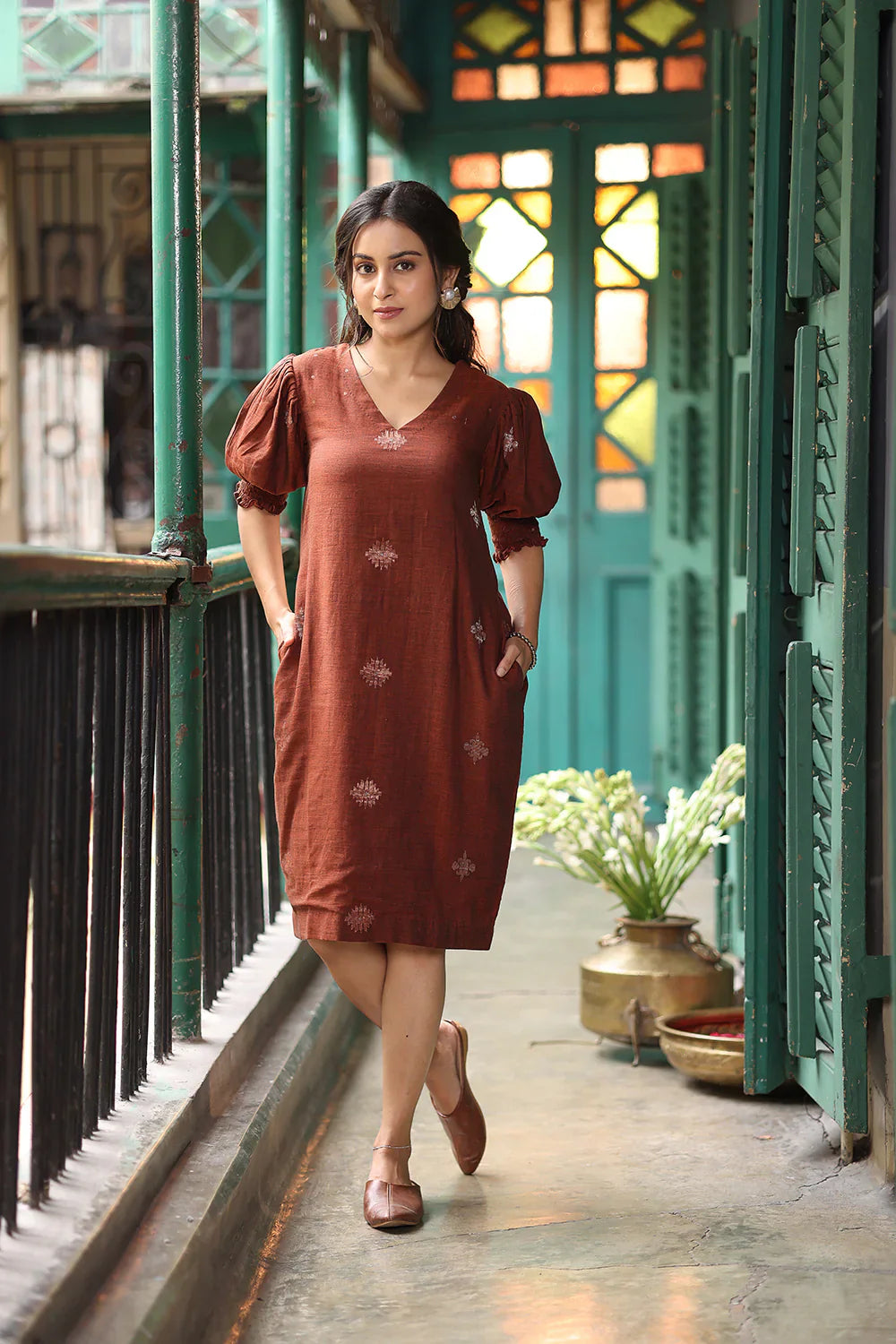 Rust Radiance Jamdani Dress | SHOBITAM