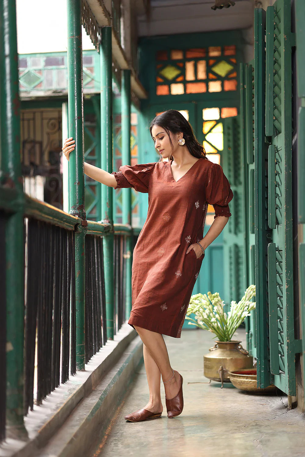 Rust Radiance Jamdani Dress | SHOBITAM
