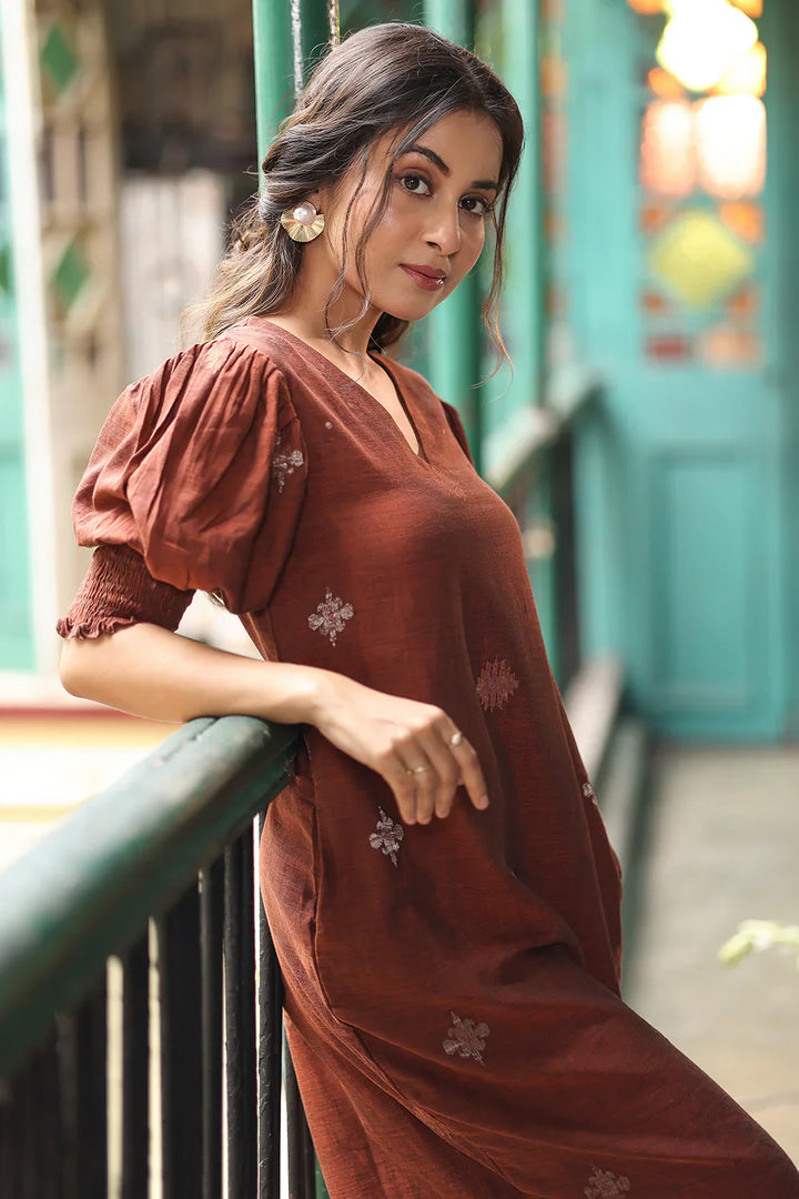 Rust Radiance Jamdani Dress | SHOBITAM