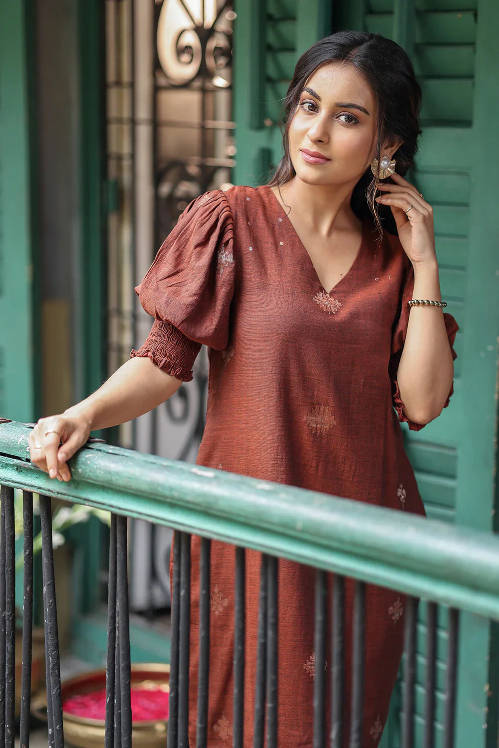 Rust Radiance Jamdani Dress | SHOBITAM