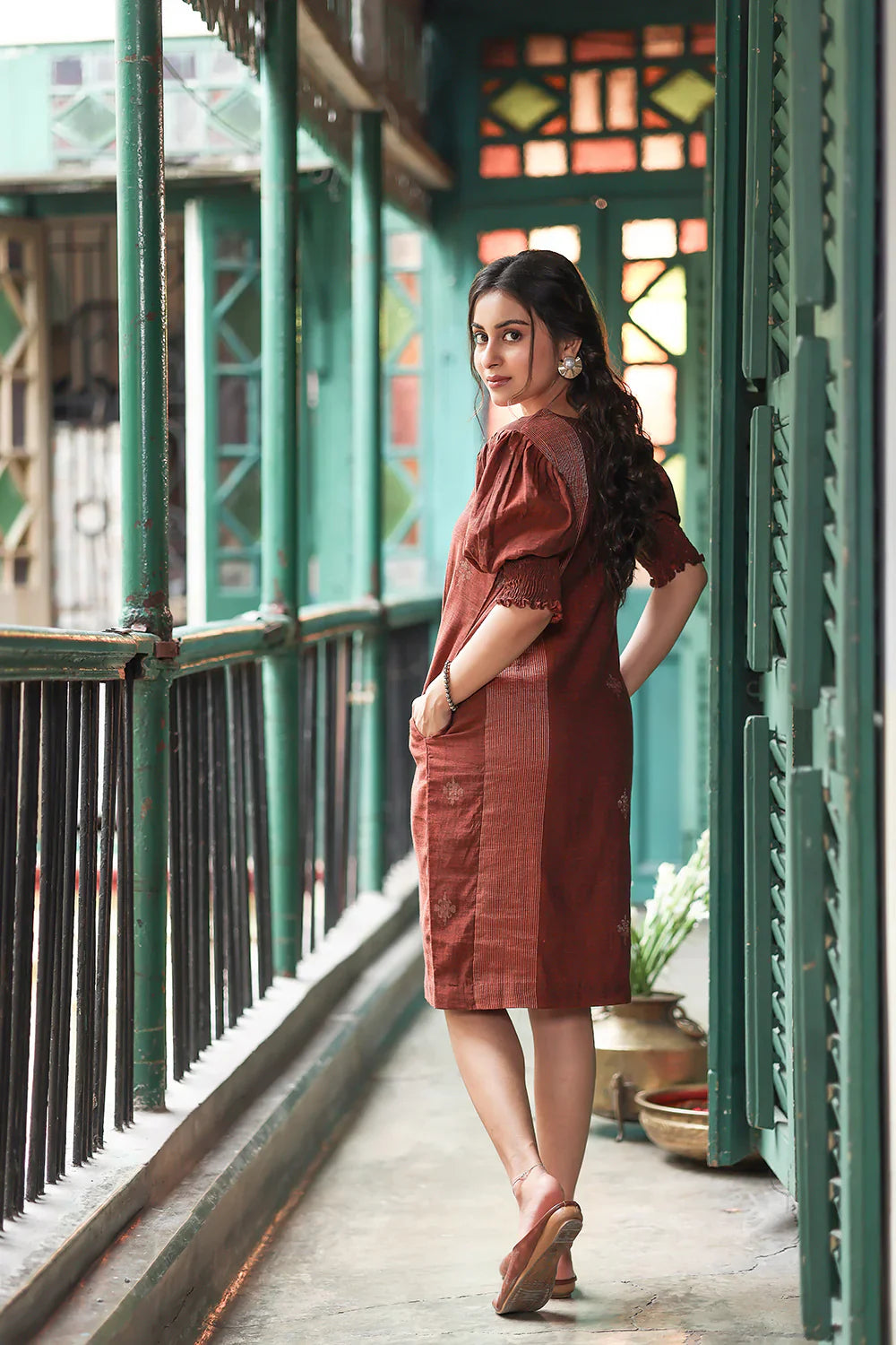 Rust Radiance Jamdani Dress | SHOBITAM