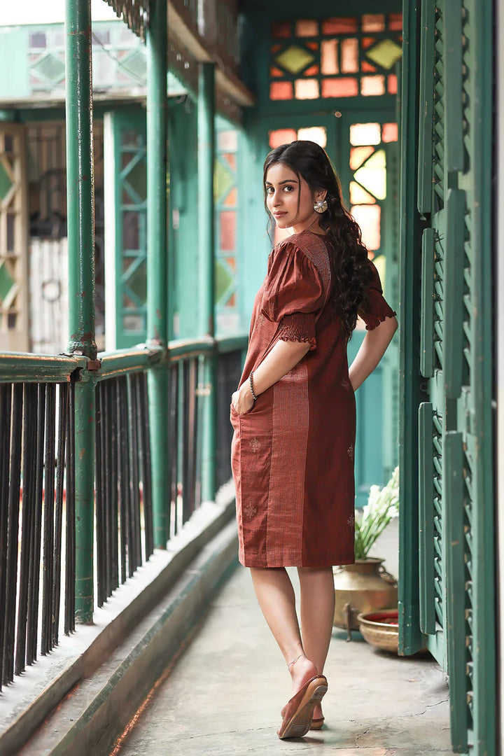 Rust Radiance Jamdani Dress | SHOBITAM