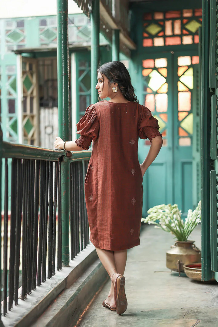 Rust Radiance Jamdani Dress | SHOBITAM
