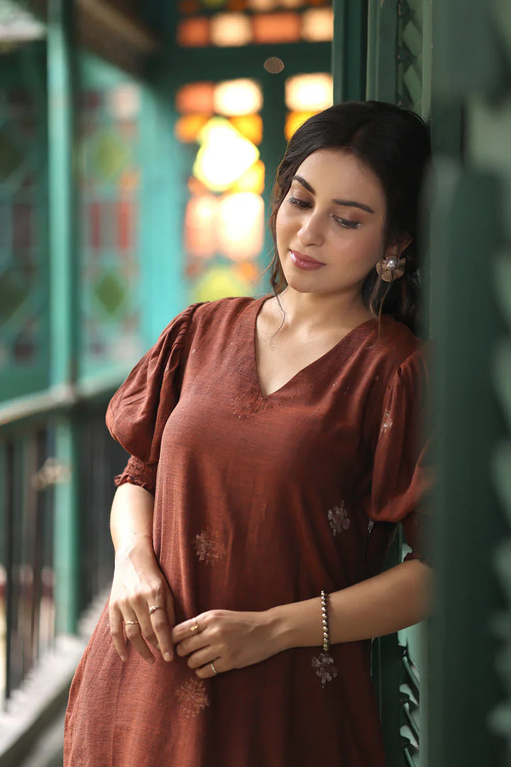 Rust Radiance Jamdani Dress | SHOBITAM