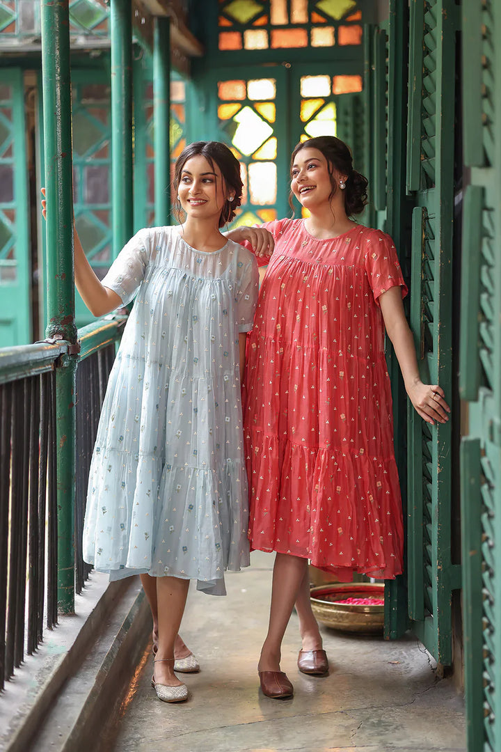 Peach Echo Embriodered Mul Chanderi Dress | SHOBITAM