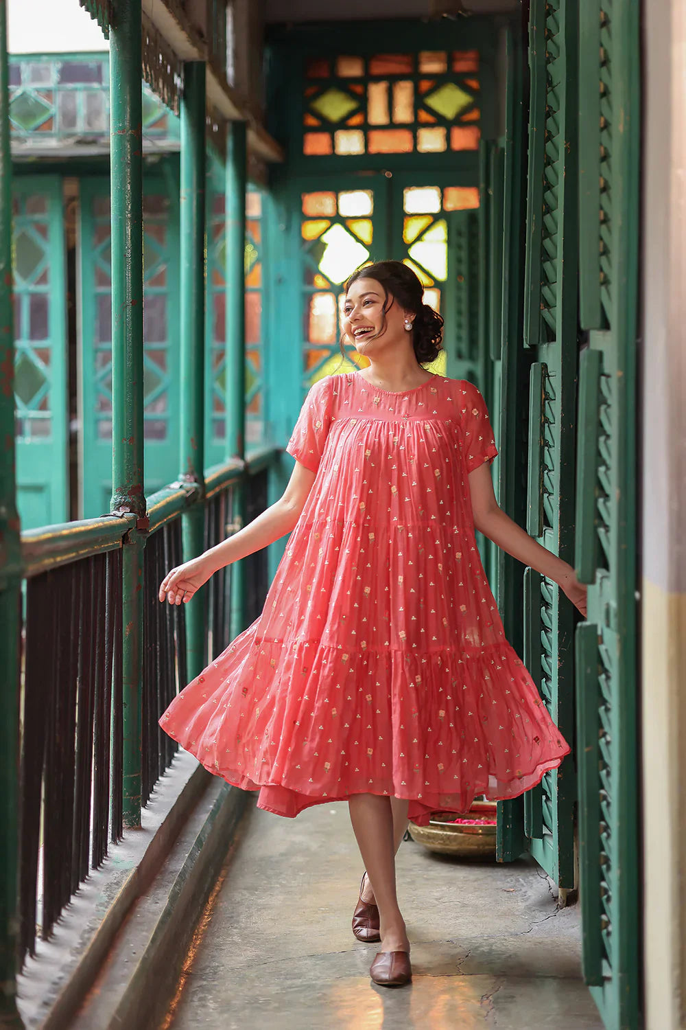 Peach Echo Embriodered Mul Chanderi Dress | SHOBITAM