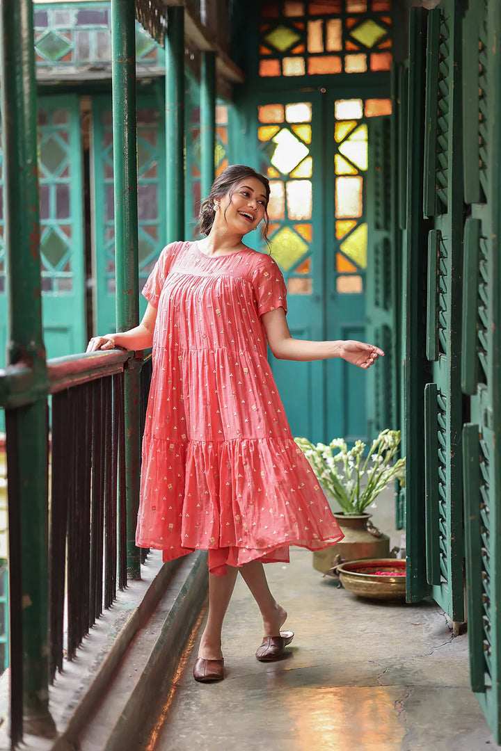 Peach Echo Embriodered Mul Chanderi Dress | SHOBITAM
