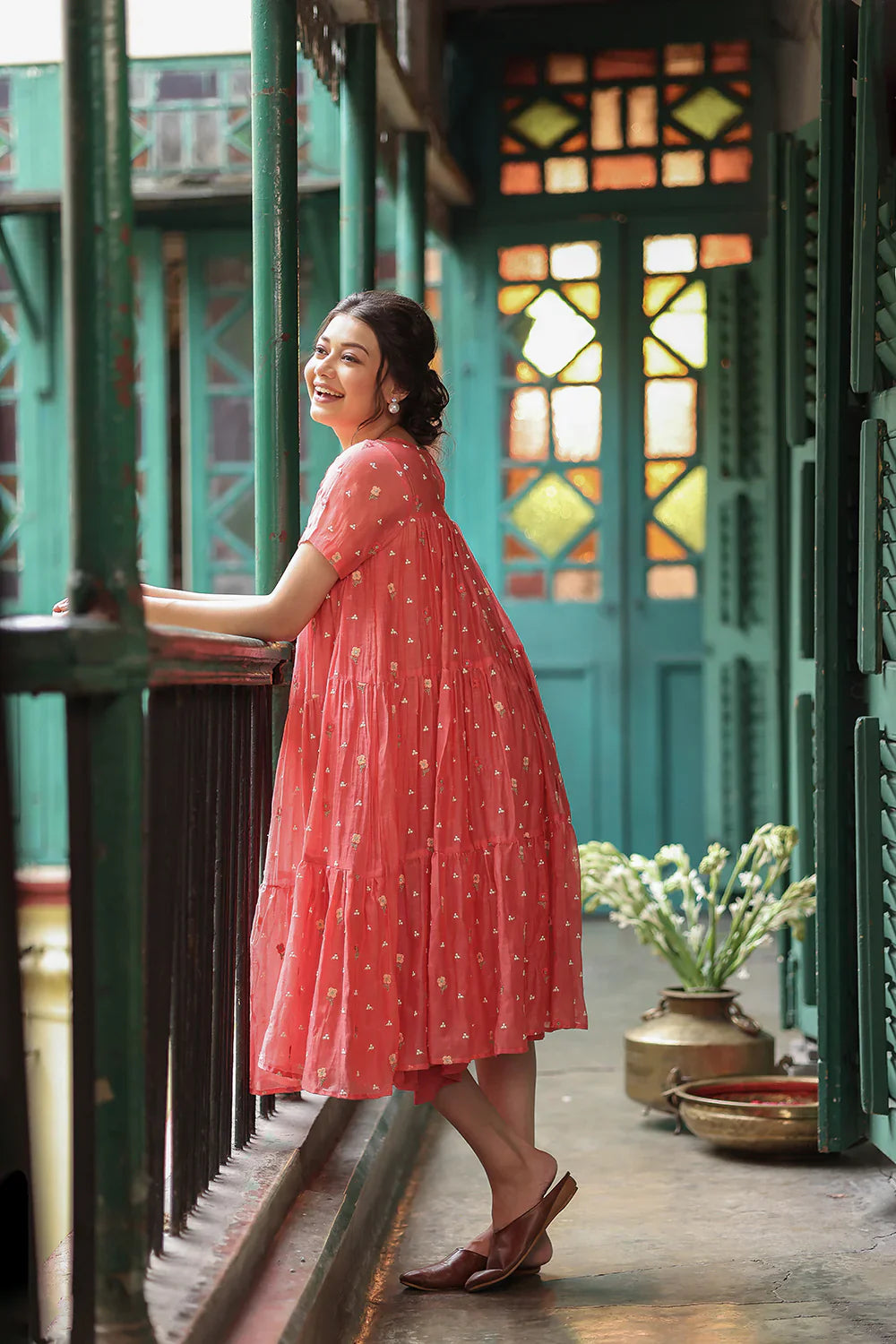 Peach Echo Embriodered Mul Chanderi Dress | SHOBITAM
