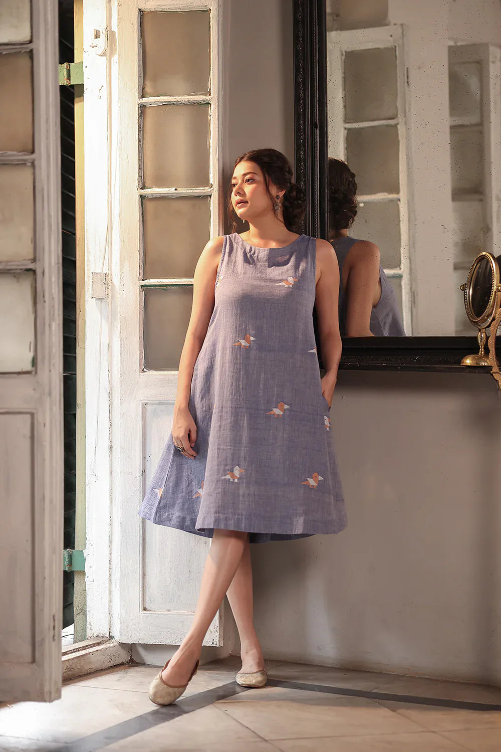 Blue Wing Cotton Jamdani Dress | SHOBITAM