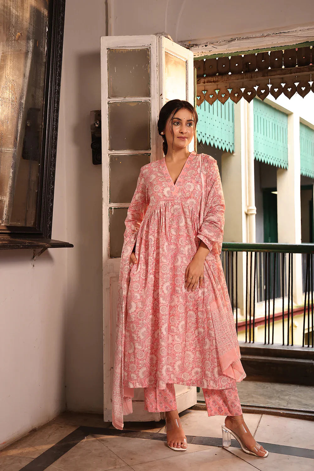 Baby Pink Hand Block Print Suit Set With Dupatta | SHOBITAM
