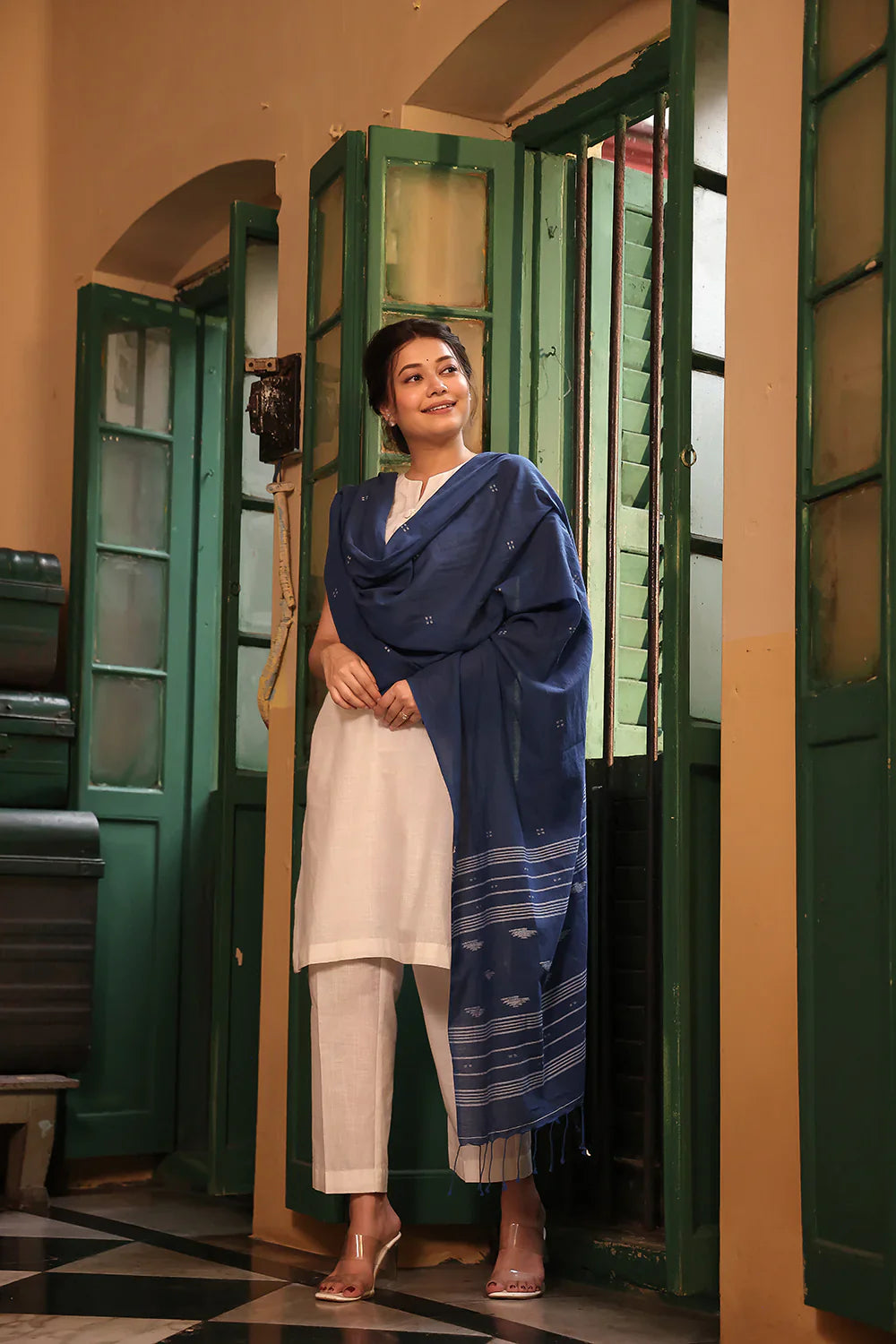 White Pure Cotton Kurta Set With Jamdani Dupatta