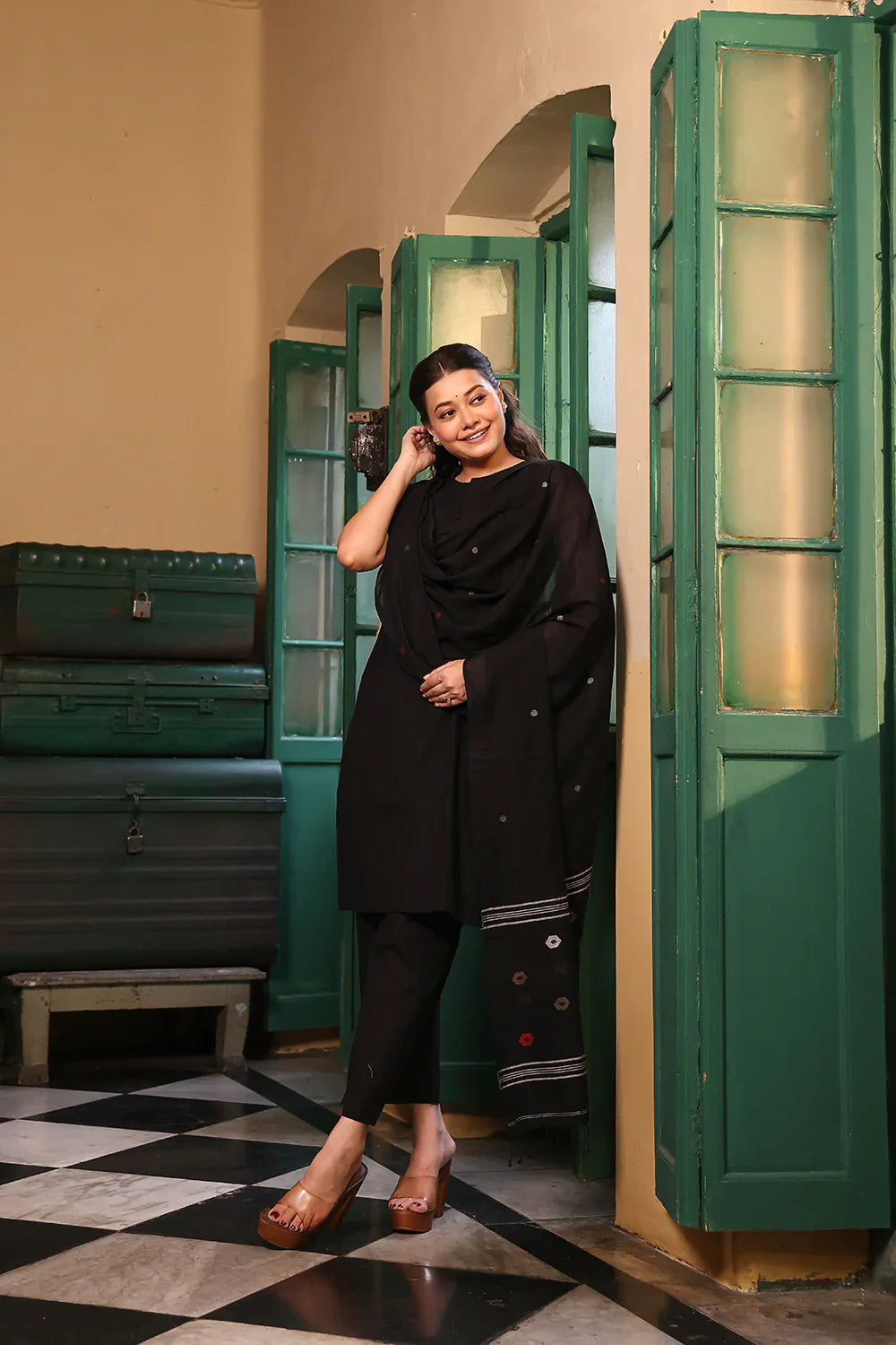Black Pure Cotton Kurta Set With Jamdani Dupatta | SHOBITAM