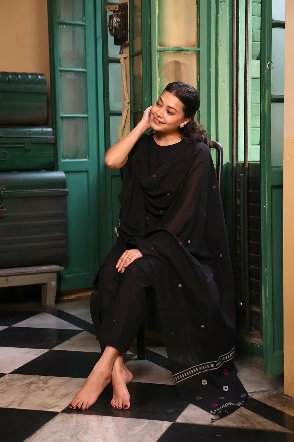 Black Pure Cotton Kurta Set With Jamdani Dupatta | SHOBITAM