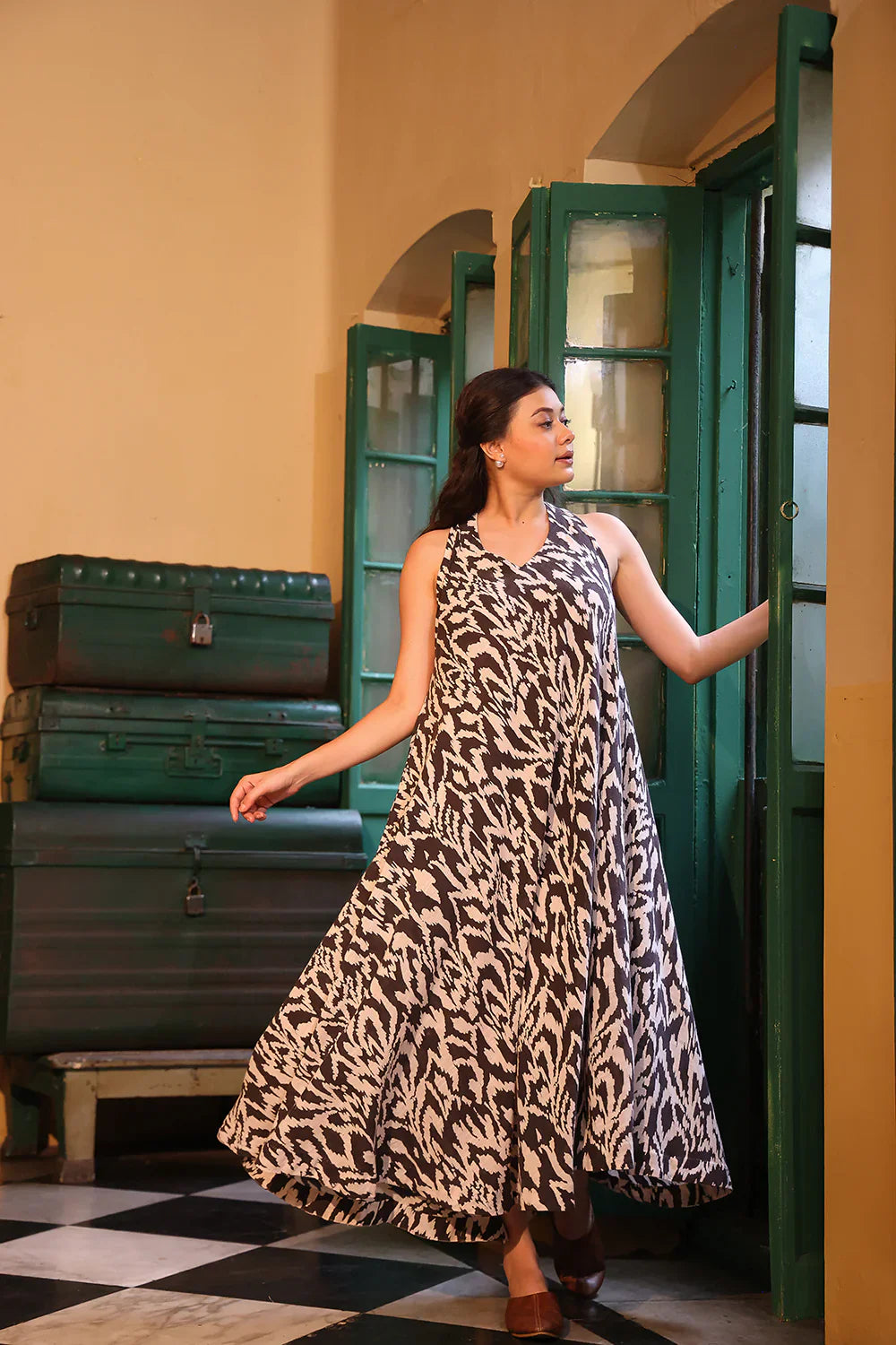Brown Spotted Maxi Cotton Dress | SHOBITAM