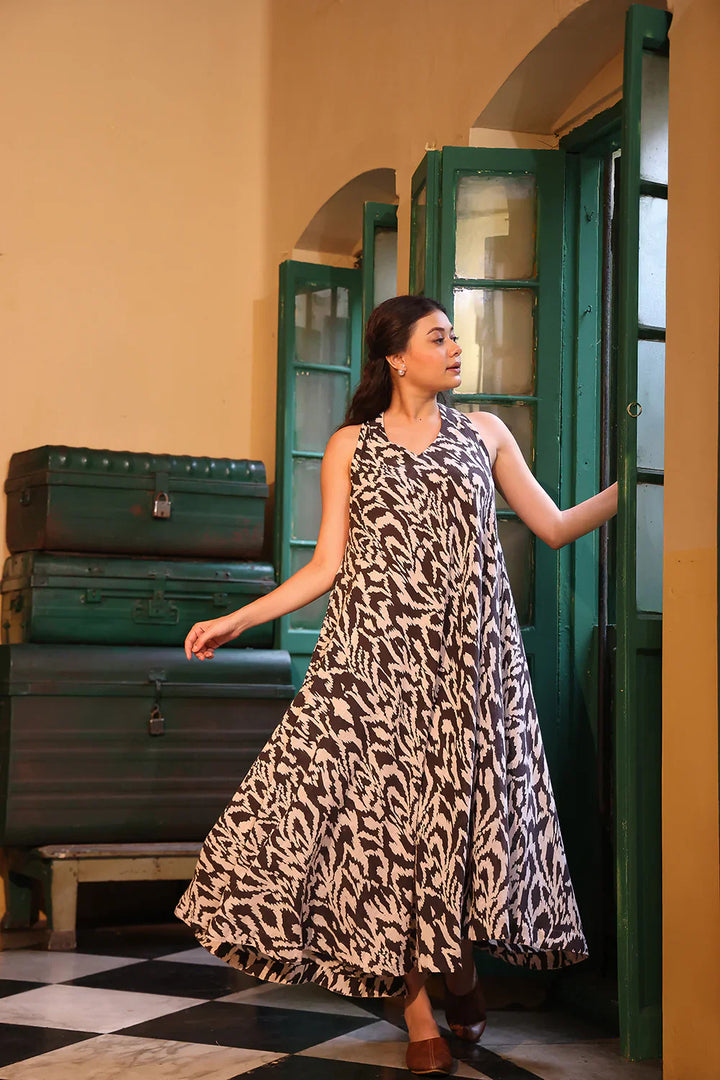 Brown Spotted Maxi Cotton Dress | SHOBITAM