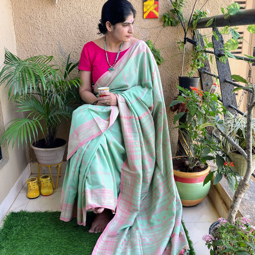 Pastel Green Handloom Bhujodi Cotton Saree | SHOBITAM