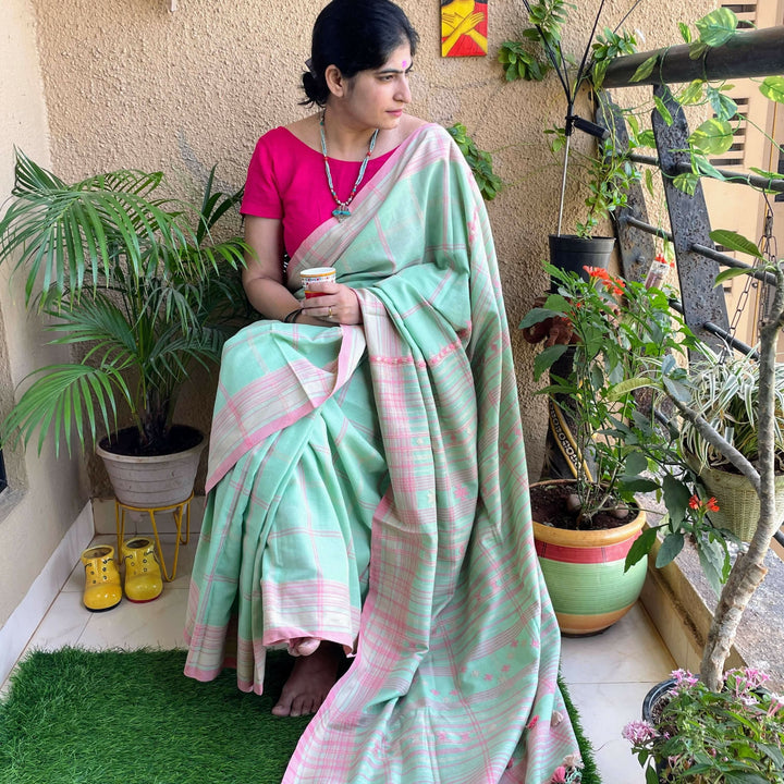 Pastel Green Handloom Bhujodi Cotton Saree | SHOBITAM