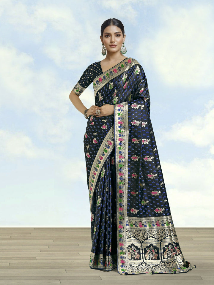 Dark blue With Gold Bordar Banarasi Satin Zari Woven Saree | SHOBITAM