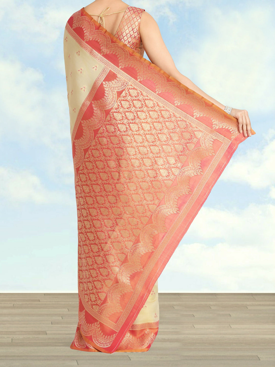 Cream Color Weaving Semi Banarasi Tissue Silk Saree | SHOBITAM