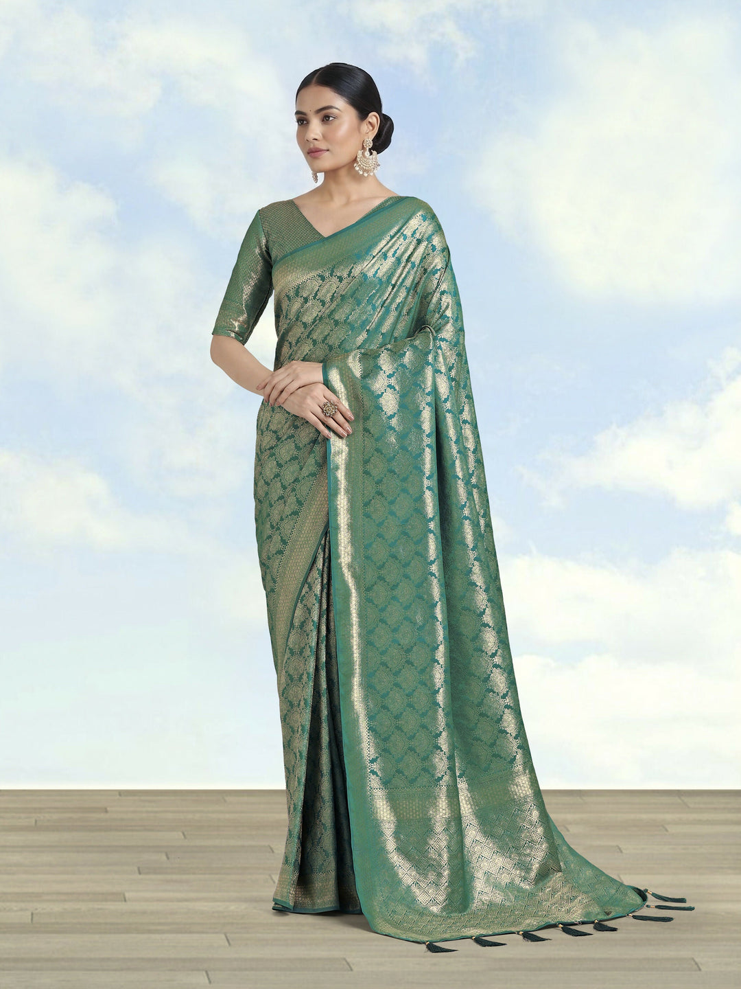 Turquoise Banarasi Satin Silk Zari Weaving Work Saree | SHOBITAM