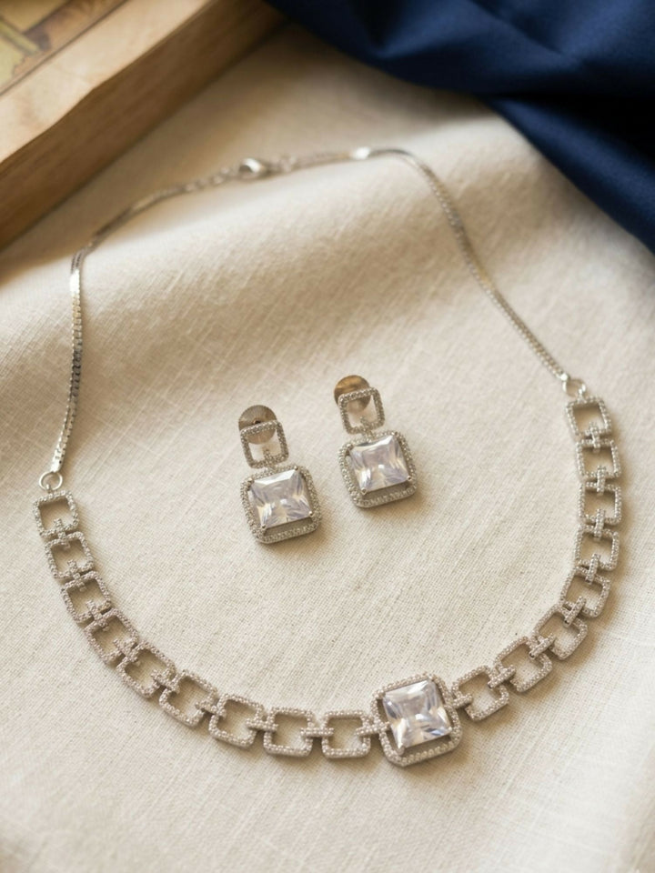 Classic Silver Plated American Diamond Necklace Set | SHOBITAM