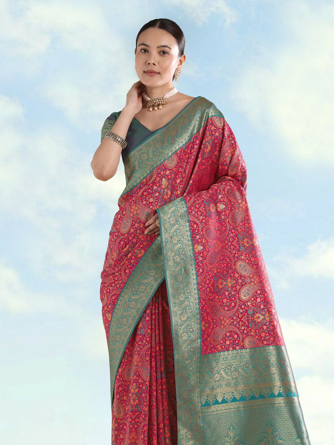 Rani pink Banarasi Semi Silk Saree With Traditional Paisley Weaves | SHOBITAM