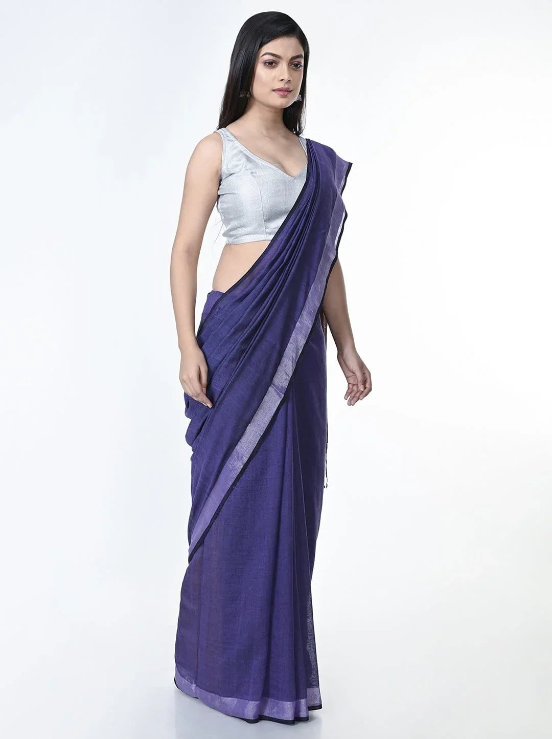 Purple Handloom Jamdani Cotton Saree with Zari Border
