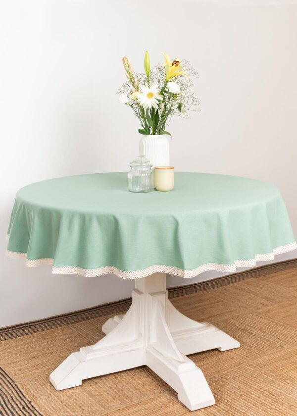 Solid Sage Green 100% cotton plain table cloth for 4 seater or 6 seater dining with lace border|SHOBITAM