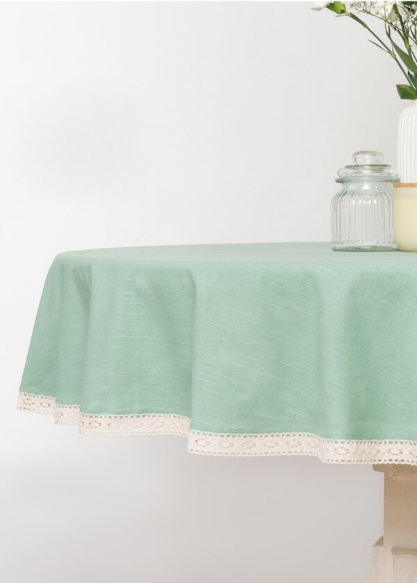 Solid Sage Green 100% cotton plain table cloth for 4 seater or 6 seater dining with lace border|SHOBITAM