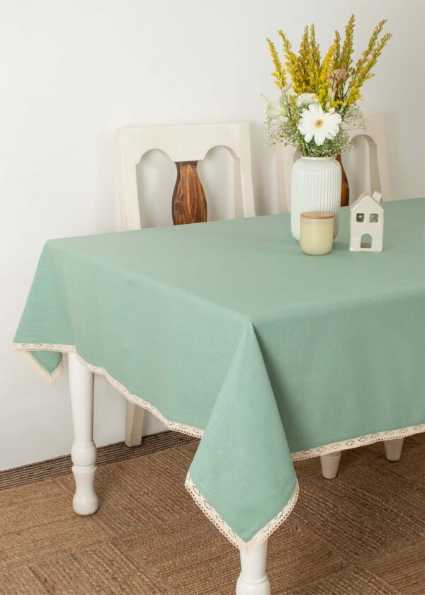 Solid Sage Green 100% cotton plain table cloth for 4 seater or 6 seater dining with lace border|SHOBITAM