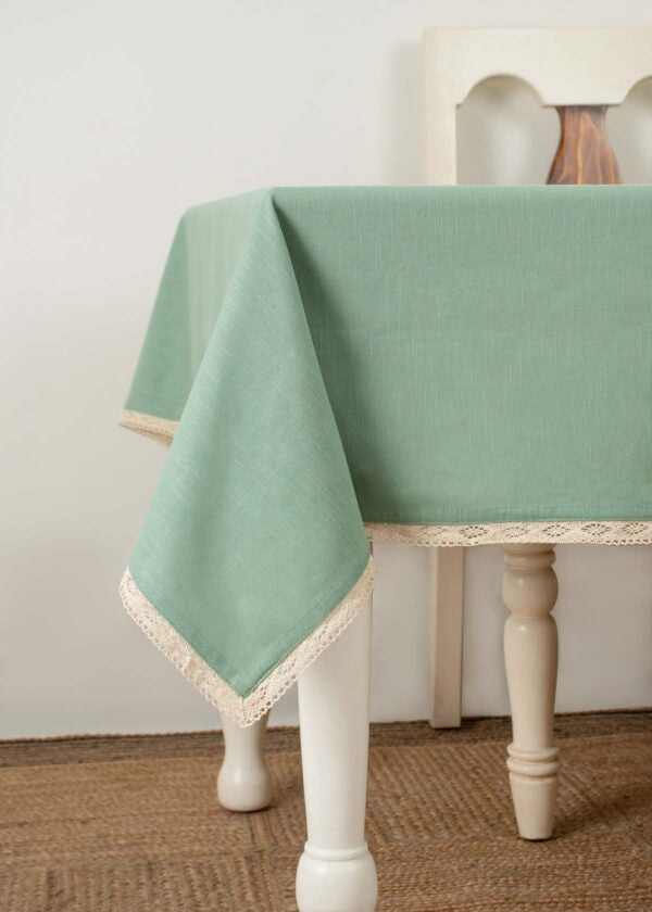 Solid Sage Green 100% cotton plain table cloth for 4 seater or 6 seater dining with lace border|SHOBITAM