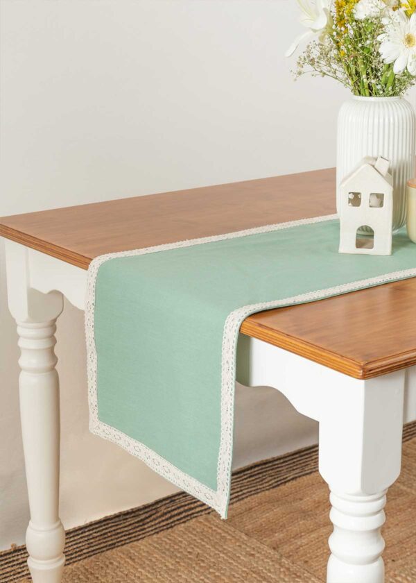 Solid Sage Green 100% cotton plain table runner for 4 seater or 6 seater dining with lace border - Sage green | SHOBITAM