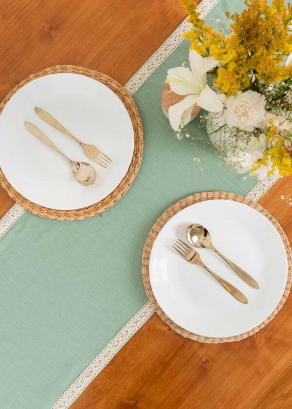 Solid Sage Green 100% cotton plain table runner for 4 seater or 6 seater dining with lace border - Sage green | SHOBITAM