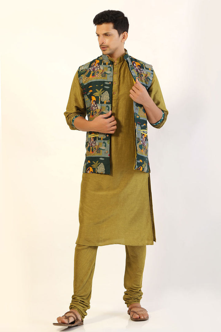 Sage green set of - 3 ( kurta + churidar + jacket ) | SHOBITAM