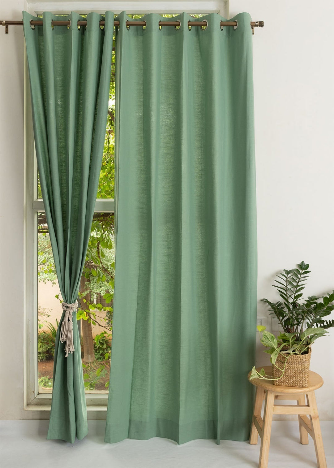 Solid Sage green 100% cotton plain curtain for bedroom - Room darkening - Single Piece | SHOBITAM