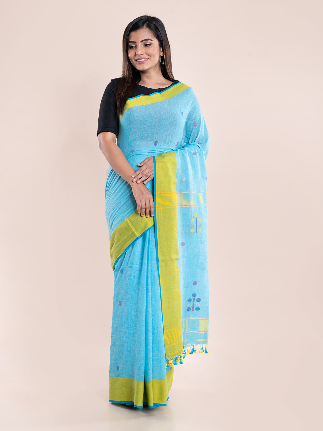 Blue Yellow Jamdani Cotton Saree With Blouse Piece | SHOBITAM