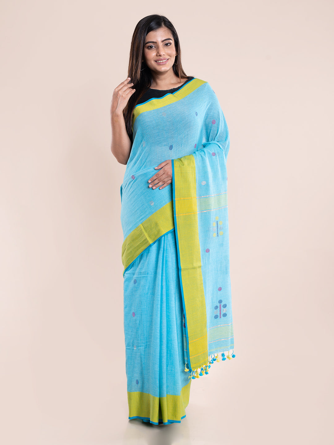 Blue Yellow Jamdani Cotton Saree With Blouse Piece | SHOBITAM