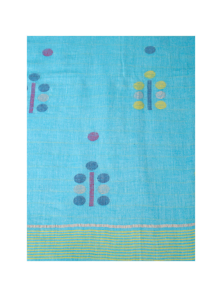 Blue Yellow Jamdani Cotton Saree With Blouse Piece | SHOBITAM