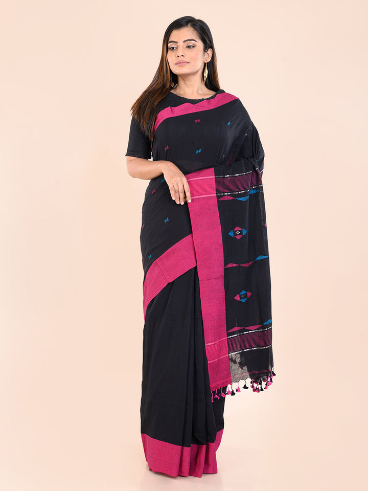 Black Handloom Jamdani Cotton Saree With Meenakari Thread Buttas and Blouse Piece