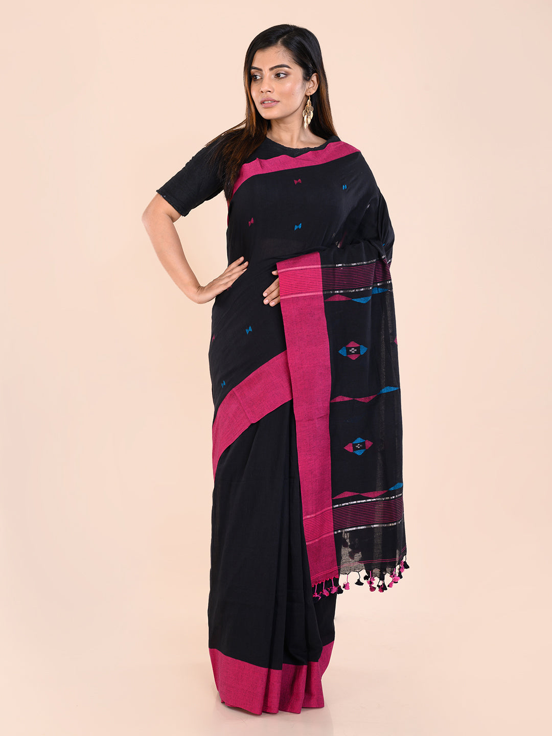 Black Handloom Jamdani Cotton Saree With Meenakari Thread Buttas and Blouse Piece
