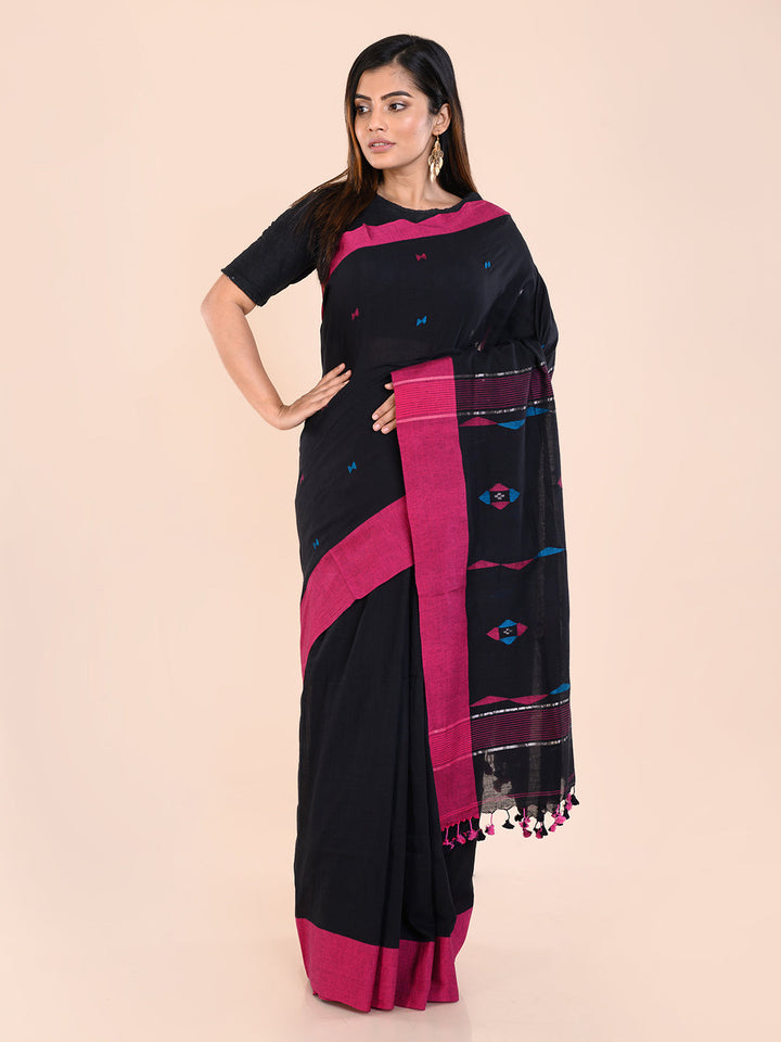 Black Handloom Jamdani Cotton Saree With Meenakari Thread Buttas and Blouse Piece