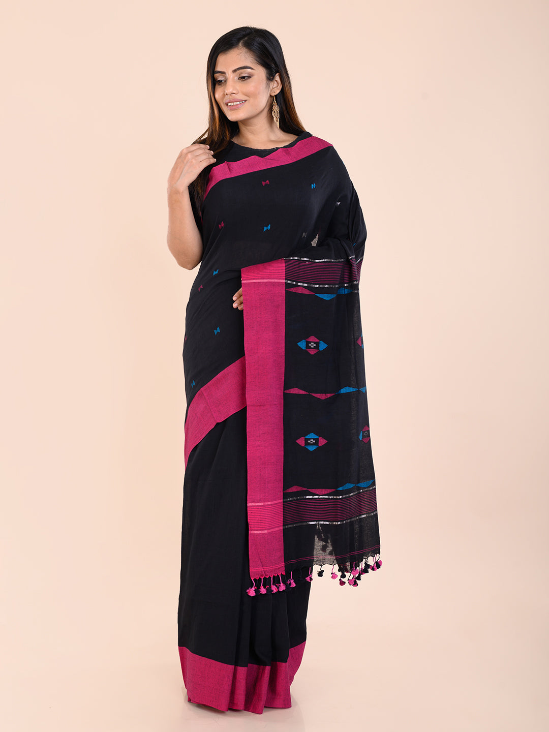 Black Handloom Jamdani Cotton Saree With Meenakari Thread Buttas and Blouse Piece