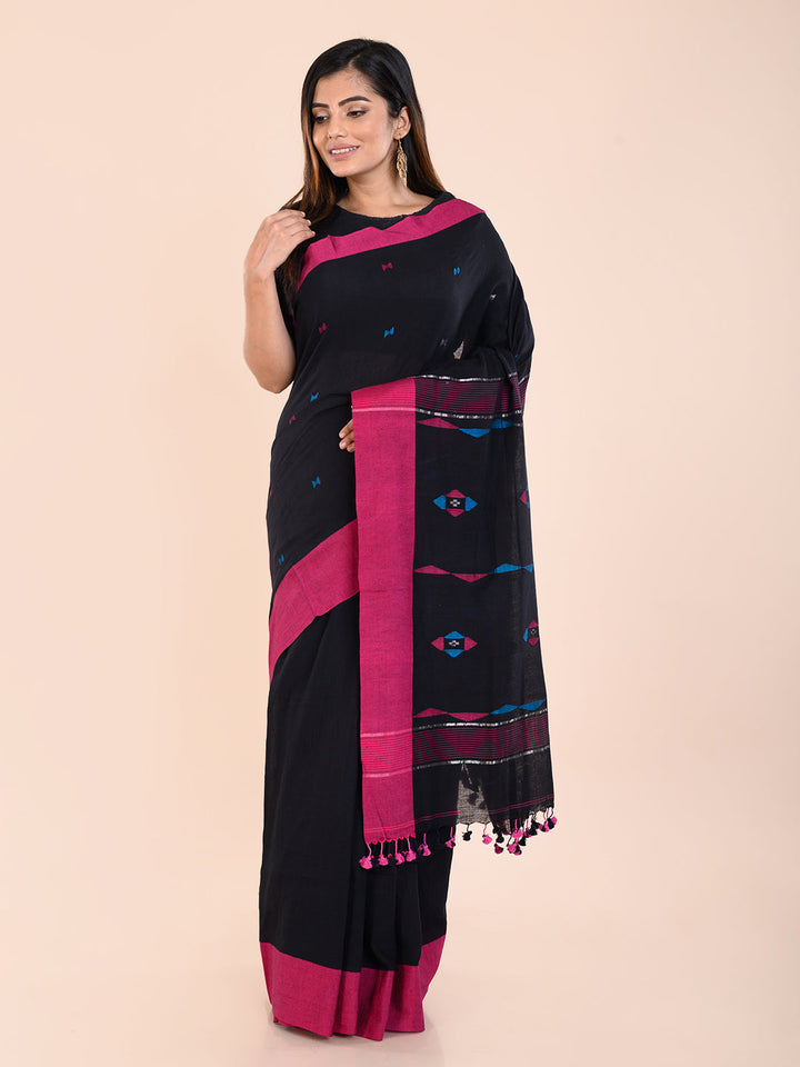 Black Handloom Jamdani Cotton Saree With Meenakari Thread Buttas and Blouse Piece