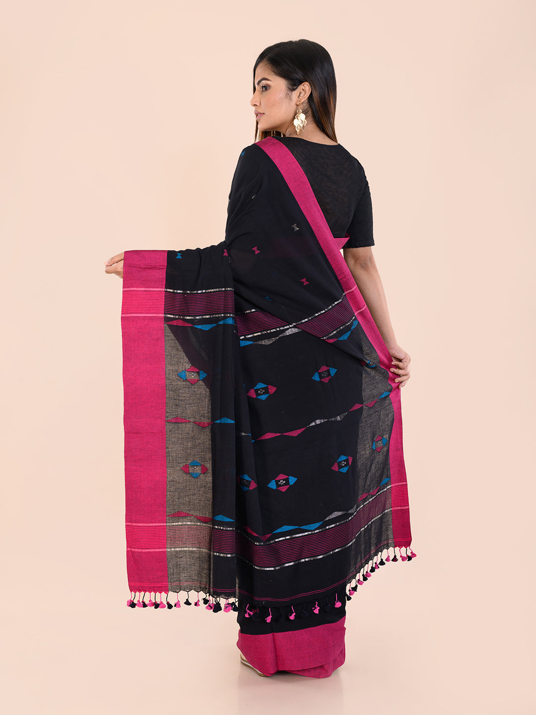 Black Handloom Jamdani Cotton Saree With Meenakari Thread Buttas and Blouse Piece