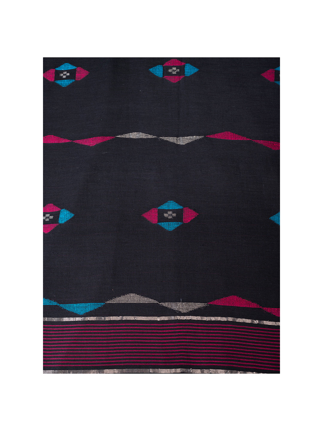 Black Handloom Jamdani Cotton Saree With Meenakari Thread Buttas and Blouse Piece