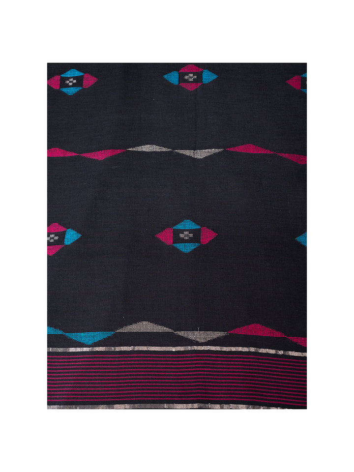 Black Handloom Jamdani Cotton Saree With Meenakari Thread Buttas and Blouse Piece