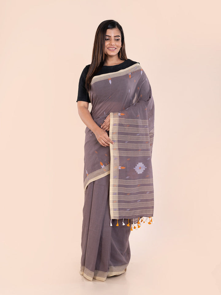 Gray Handloom Jamdani Cotton Saree With Minimal Border and Without Blouse Piece