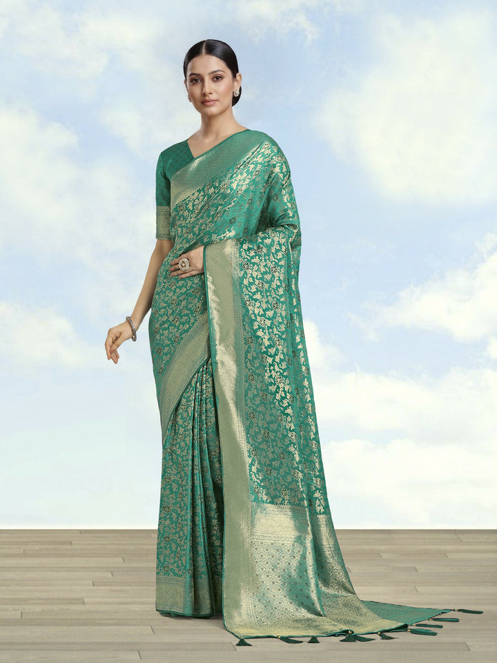 Turquoise Banarasi Satin Silk Meenakari zari weaving Saree | SHOBITAM