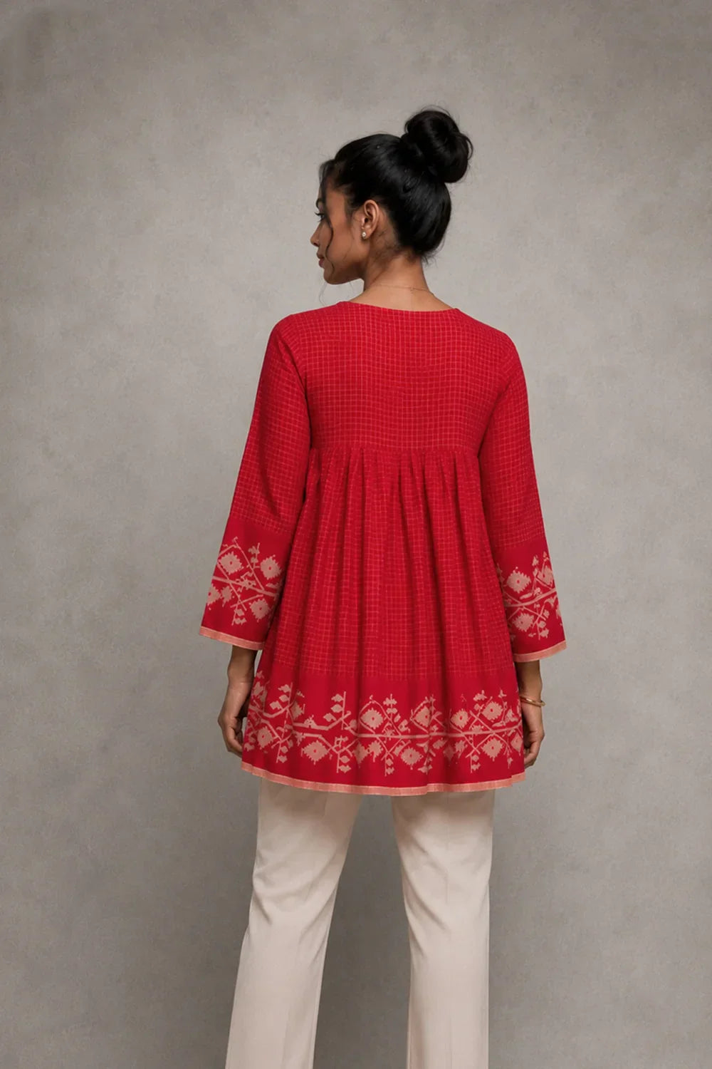 Scarlet Red Handwoven Pure Cotton Jamdani Top | SHOBITAM